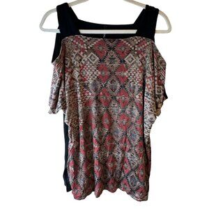 Edista Womens Cold Shoulder Top Geometric Tribal Print S black gray rayon READ